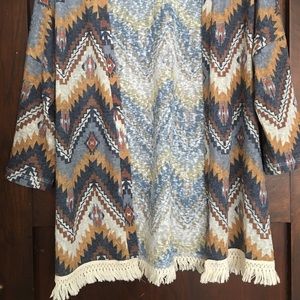 Rustic herringbone cardigan/open kaftan with fringe